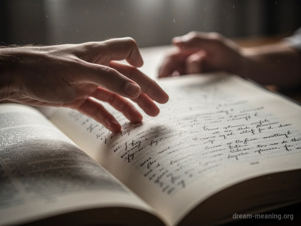 A hand attempting to read a blurred book page with illegible writing.