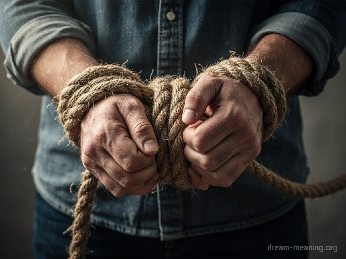 Hands bound tightly with a coarse rope.