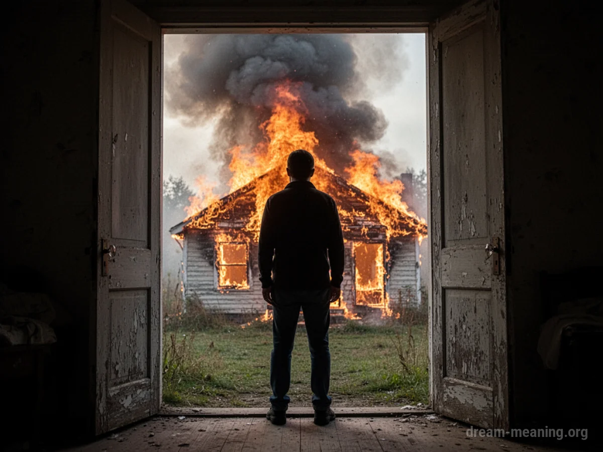 Silhouette of a person framed in a doorway, with a burning house visible behind them.