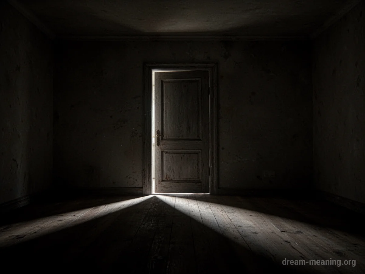 A dark room with a faint light source visible at the doorway.