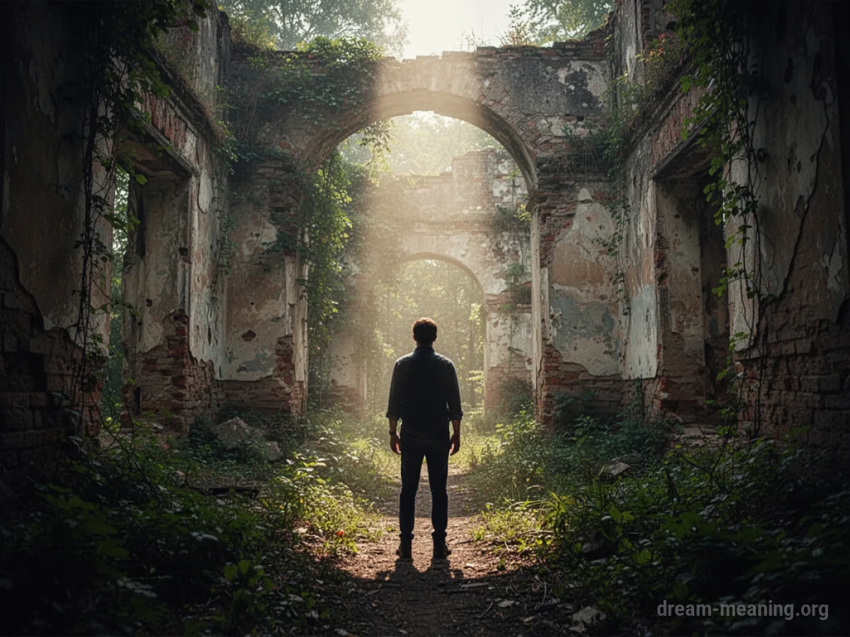 Silhouette of a person standing within a decaying stone structure overgrown with vines.