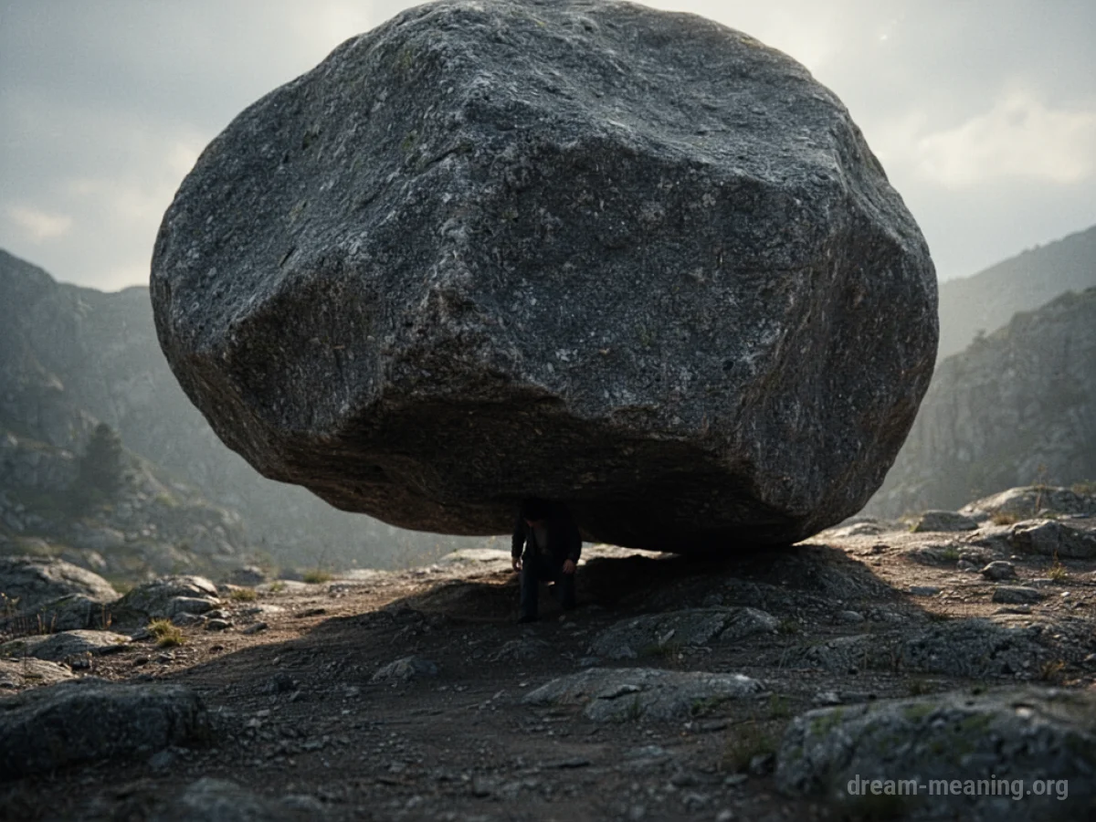 A silhouette of a person partially obscured by a large, heavy rock.