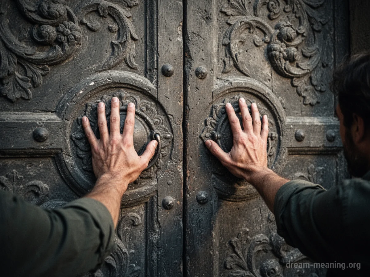 Hands pushing against a closing stone door.
