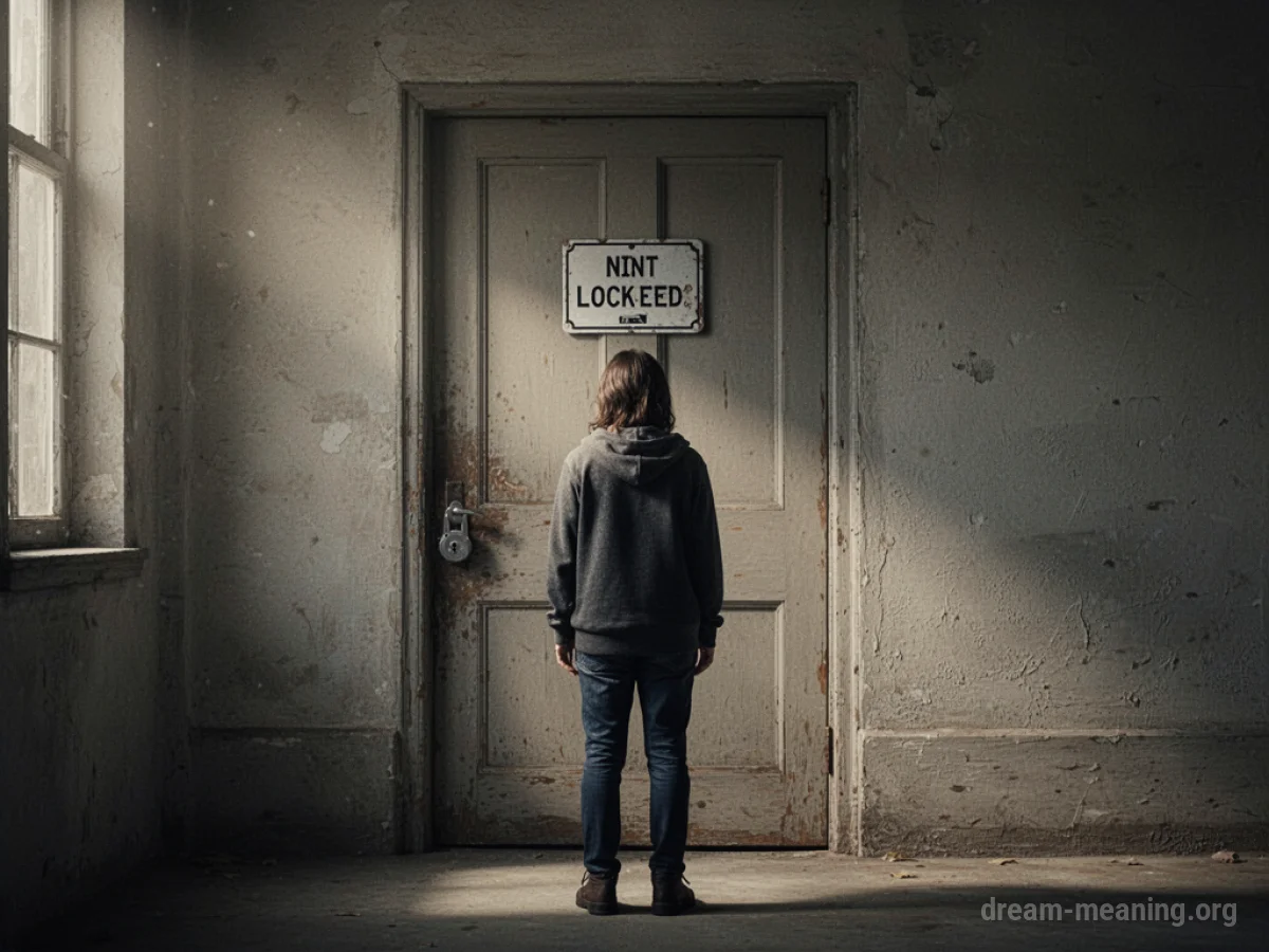 A person stands before a closed door.
