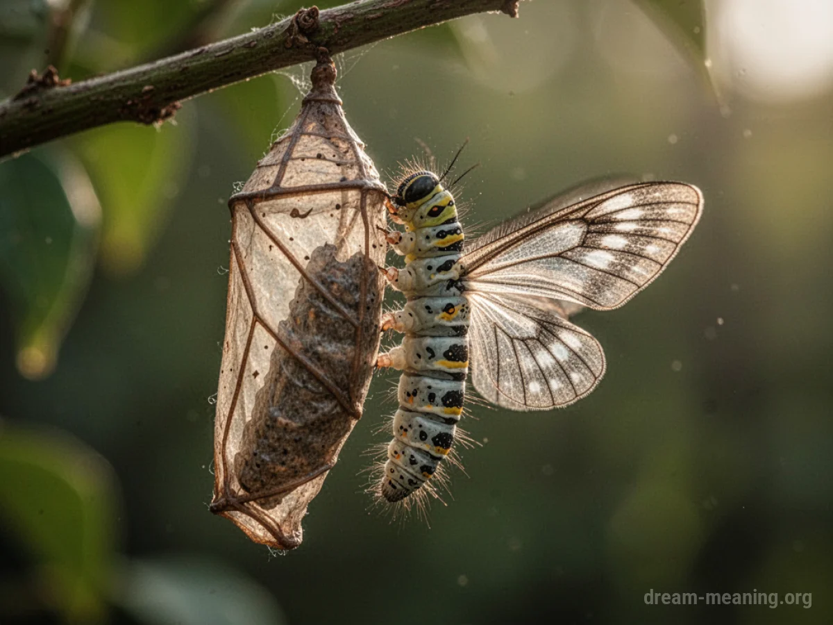 A caterpillar shedding its skin to reveal a butterfly.