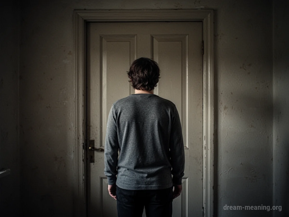 Person facing away from a closed door in dim light.