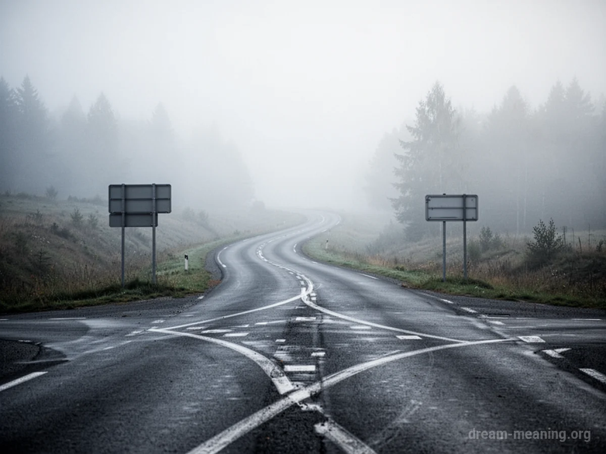 A road splits into two paths leading into fog.