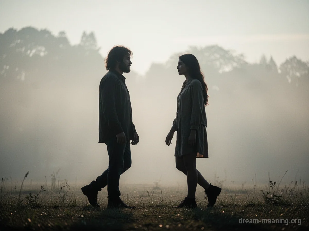 Two silhouetted figures approaching each other in a soft, hazy light.
