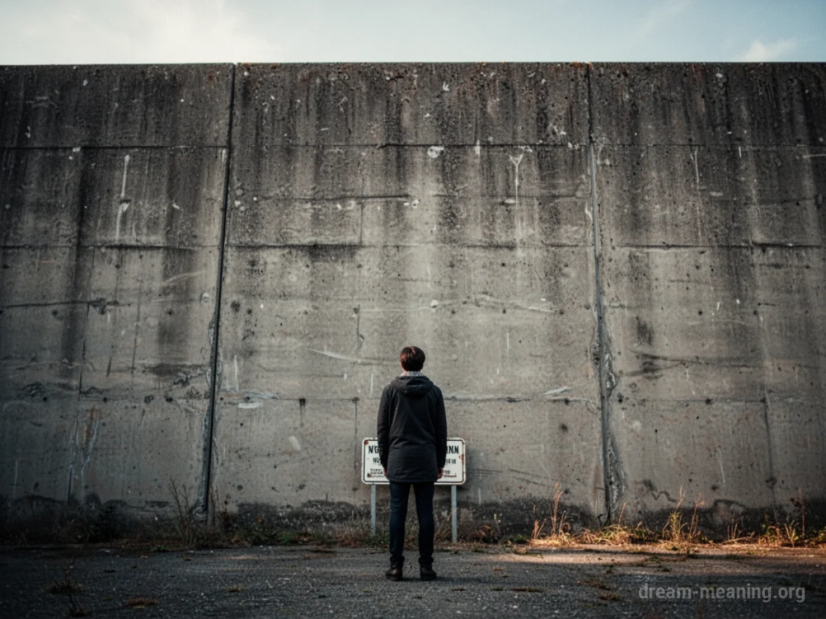 A person facing a tall, grey wall.