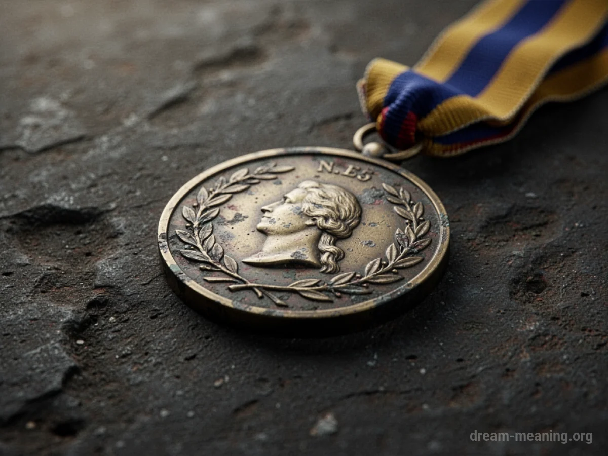 A tarnished medal on a dark surface.