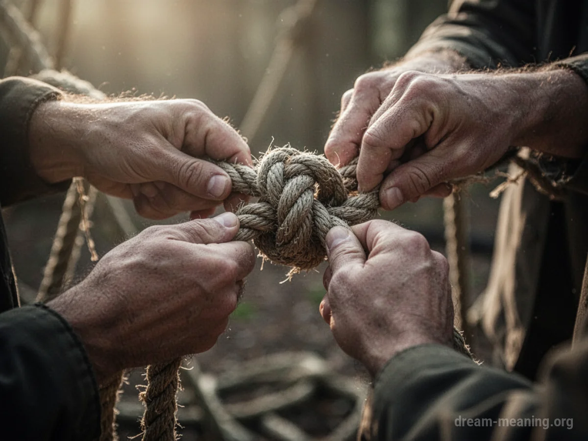 Close-up of hands working to loosen a knot in a coarse rope.