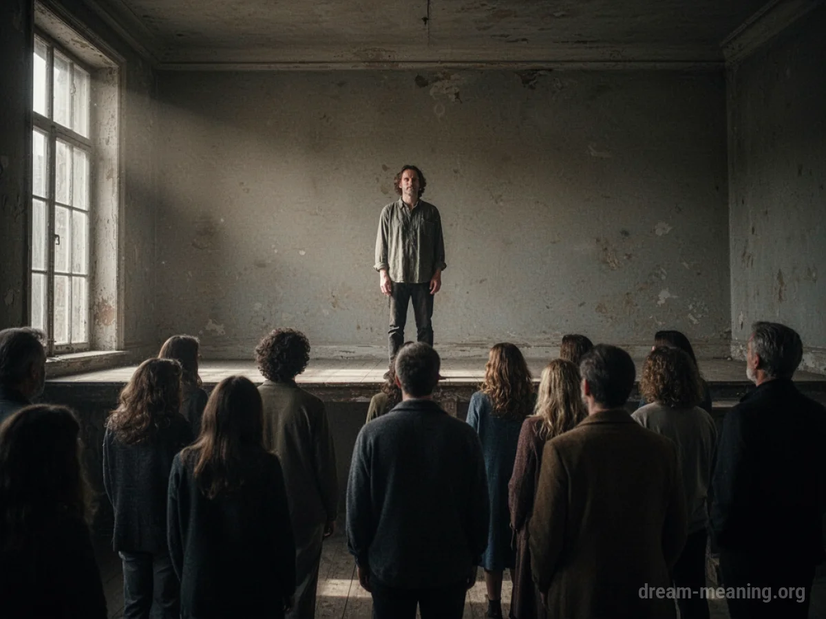 A person stands alone at the edge of a room where a group is gathered.