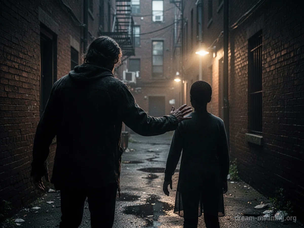 A shadowy figure looms behind a person's silhouette in a dark alley.