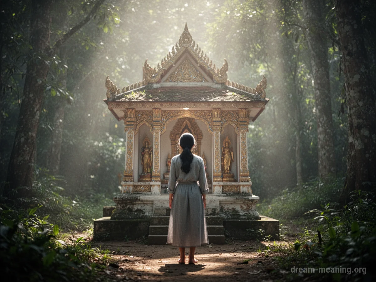 A figure stands in front of a detailed religious shrine.