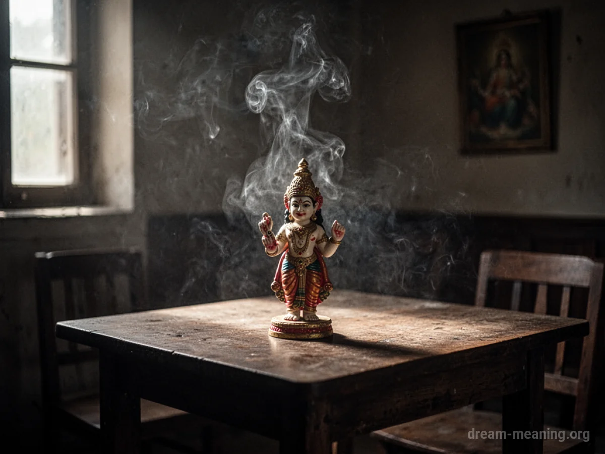 A symbolic effigy in a dimly lit room with smoke.