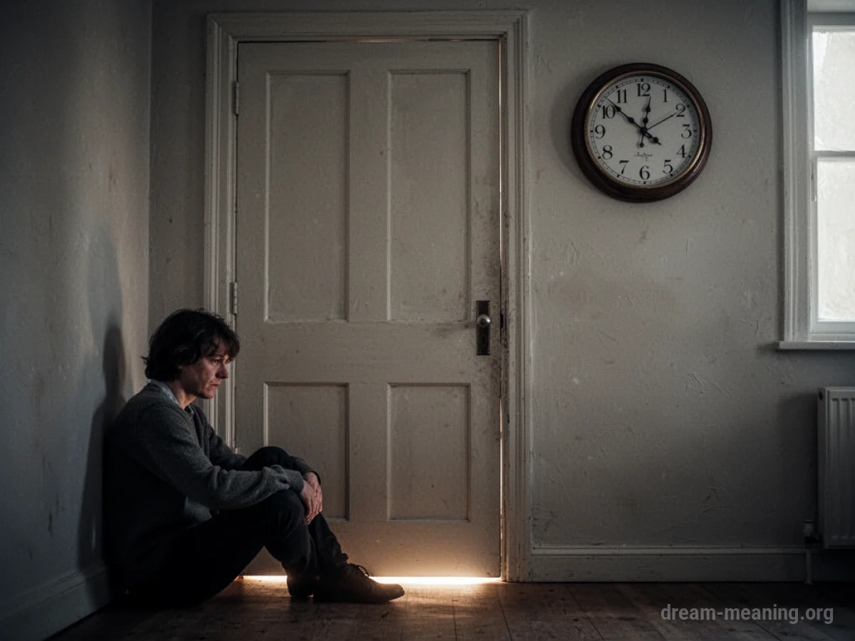 Person sitting by a closed door with a clock.