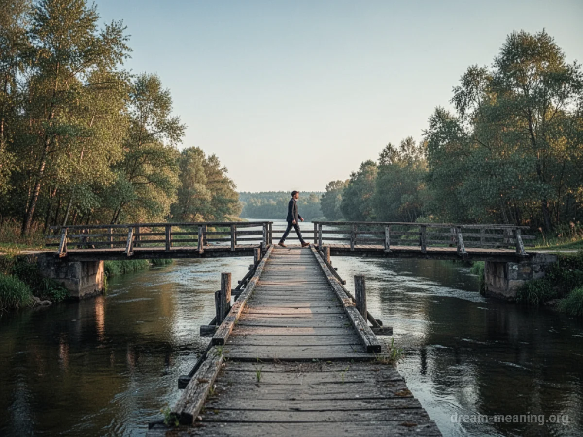 A person walking across a wooden bridge over a river.
