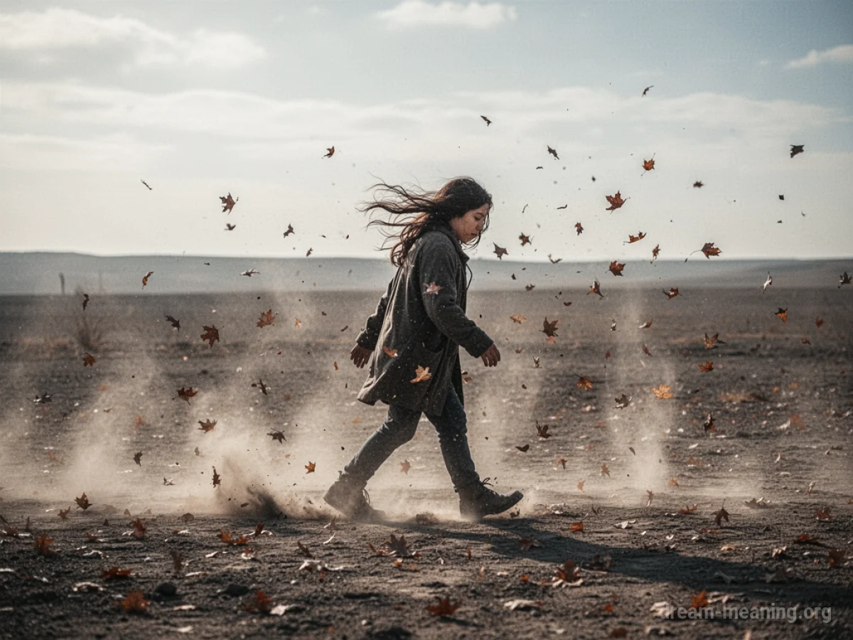 A person is walking against a strong wind on a dusty path.