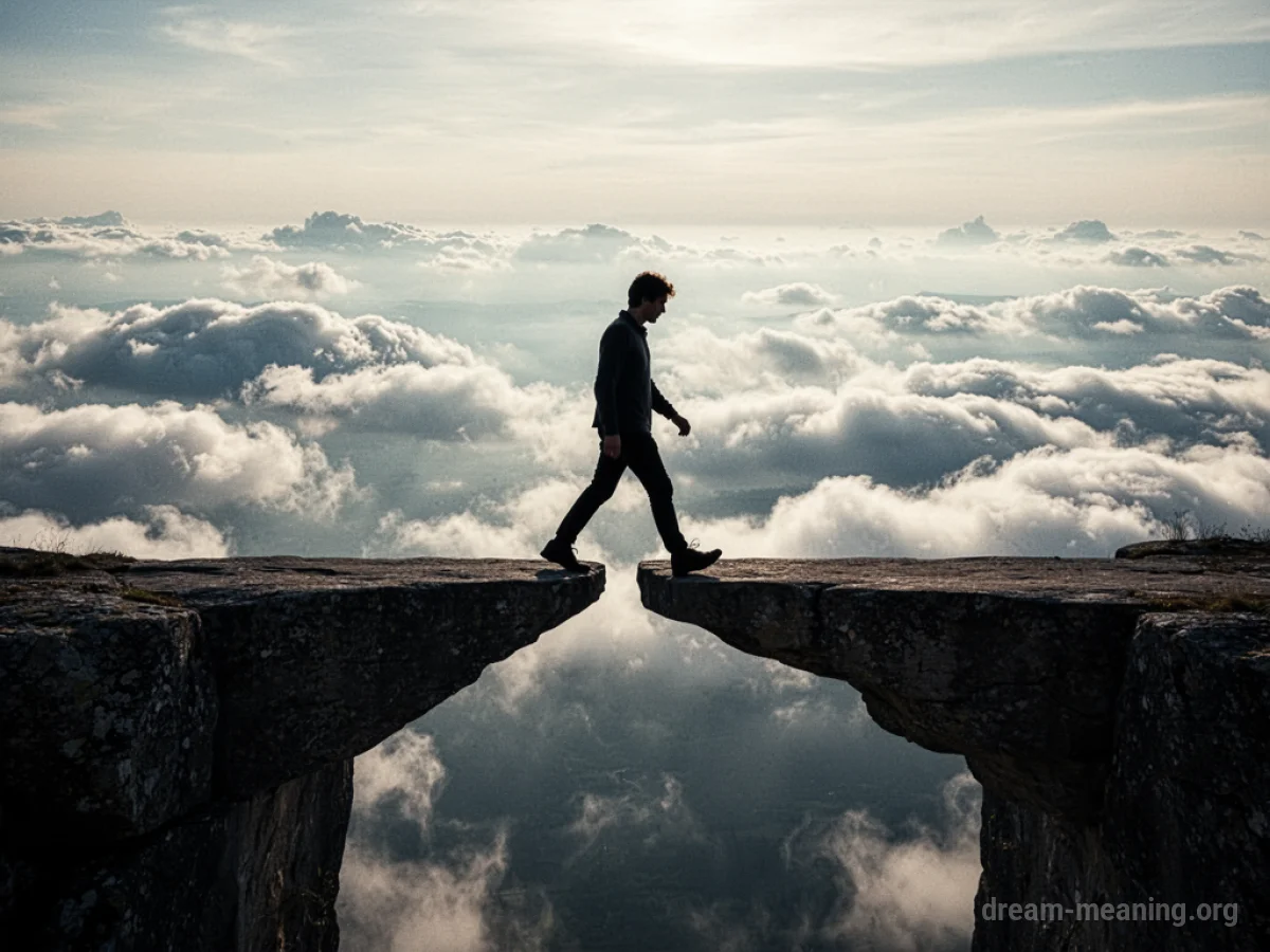 Silhouette of a person walking on a narrow ledge high above clouds.