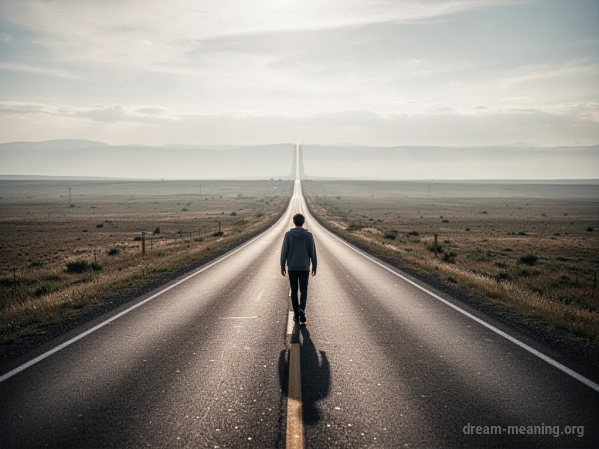 A person walking on a straight road extending into the distance.