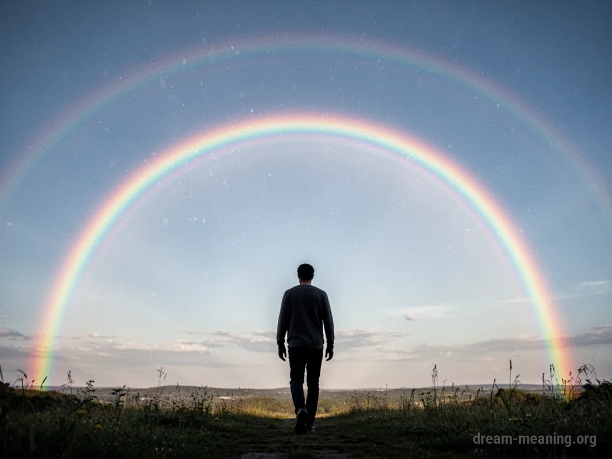 Silhouette of a person walking towards a bright rainbow.