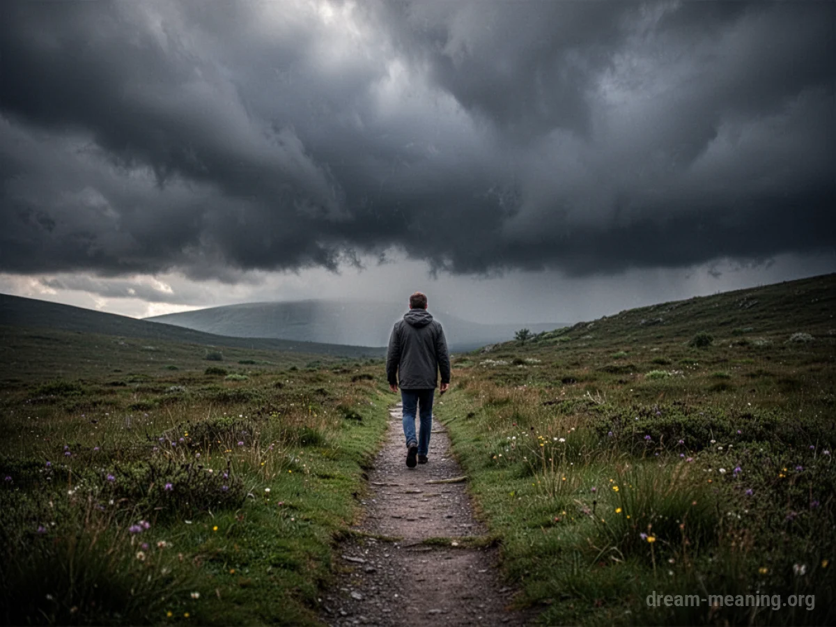 A person walks on a narrow path under a stormy sky.