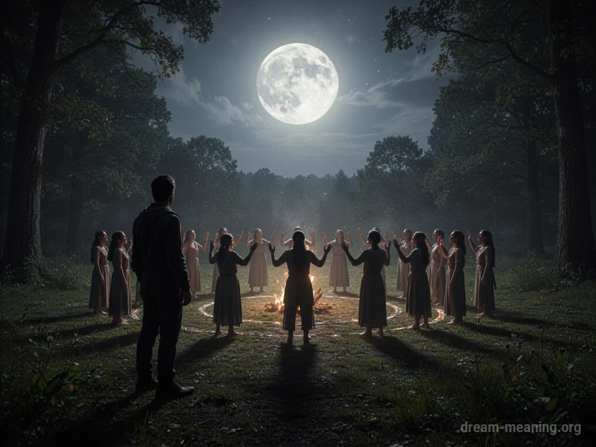 A person watches a group performing a ritual from a distance in a moonlit forest.