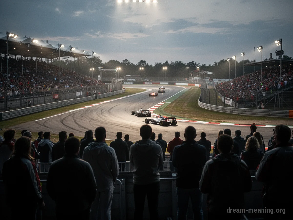 Silhouetted spectators watching a race track from afar.