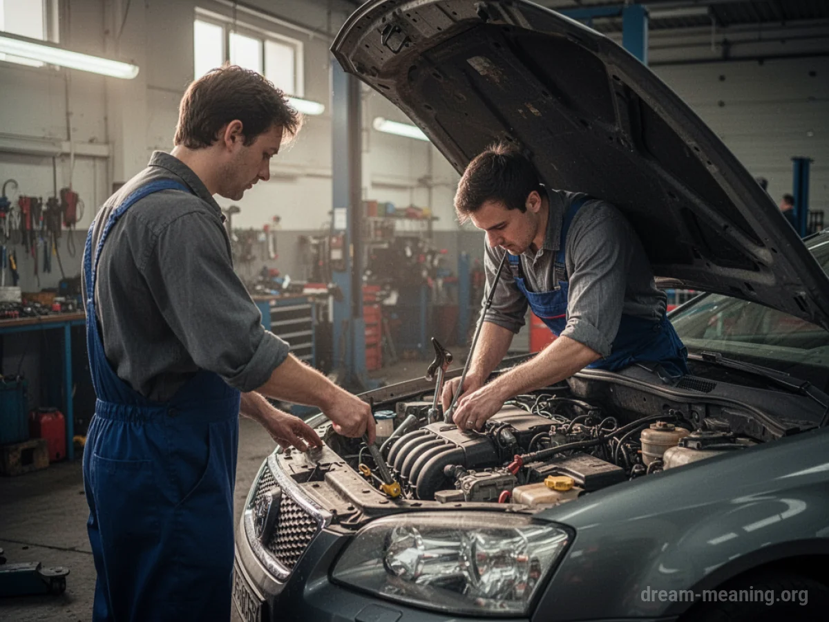 A person stands back and watches a mechanic work on a car engine.
