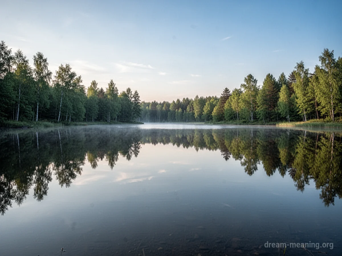 A still body of water reflecting the sky and trees above.