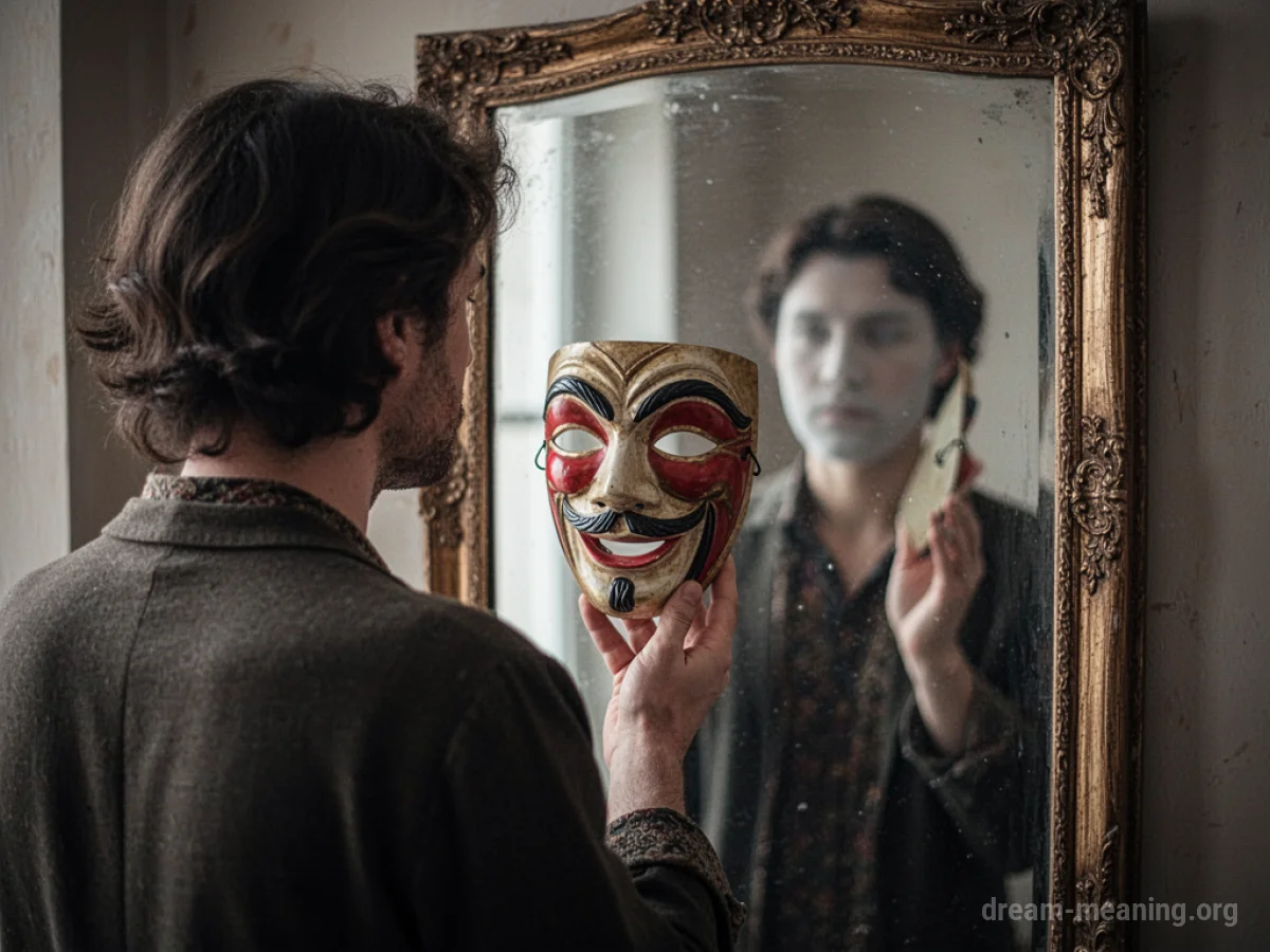 Person holding a mask in front of a mirror with an indistinct reflection.