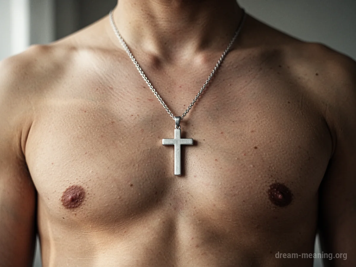 A silver cross pendant worn around a neck.