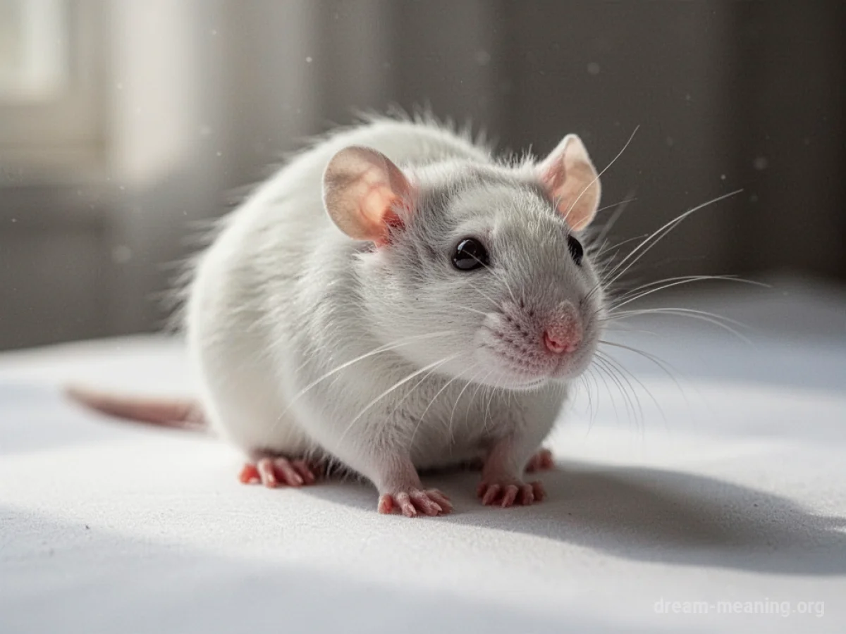 A white rat with bright eyes sits on a clean white surface.