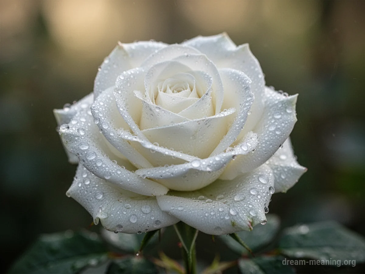 A single white rose with dew on its petals.