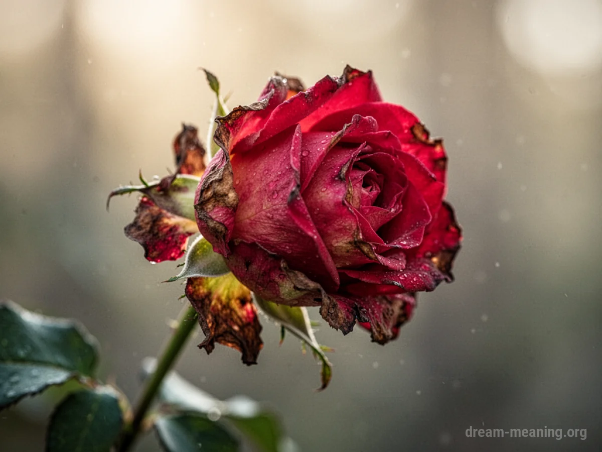 A close-up of a rose with wilting petals.