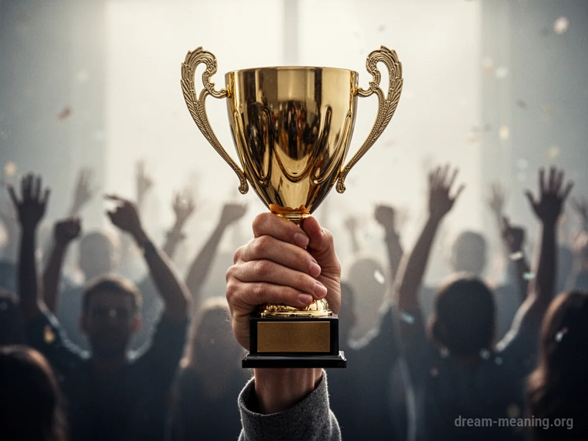 A hand holding a golden trophy.