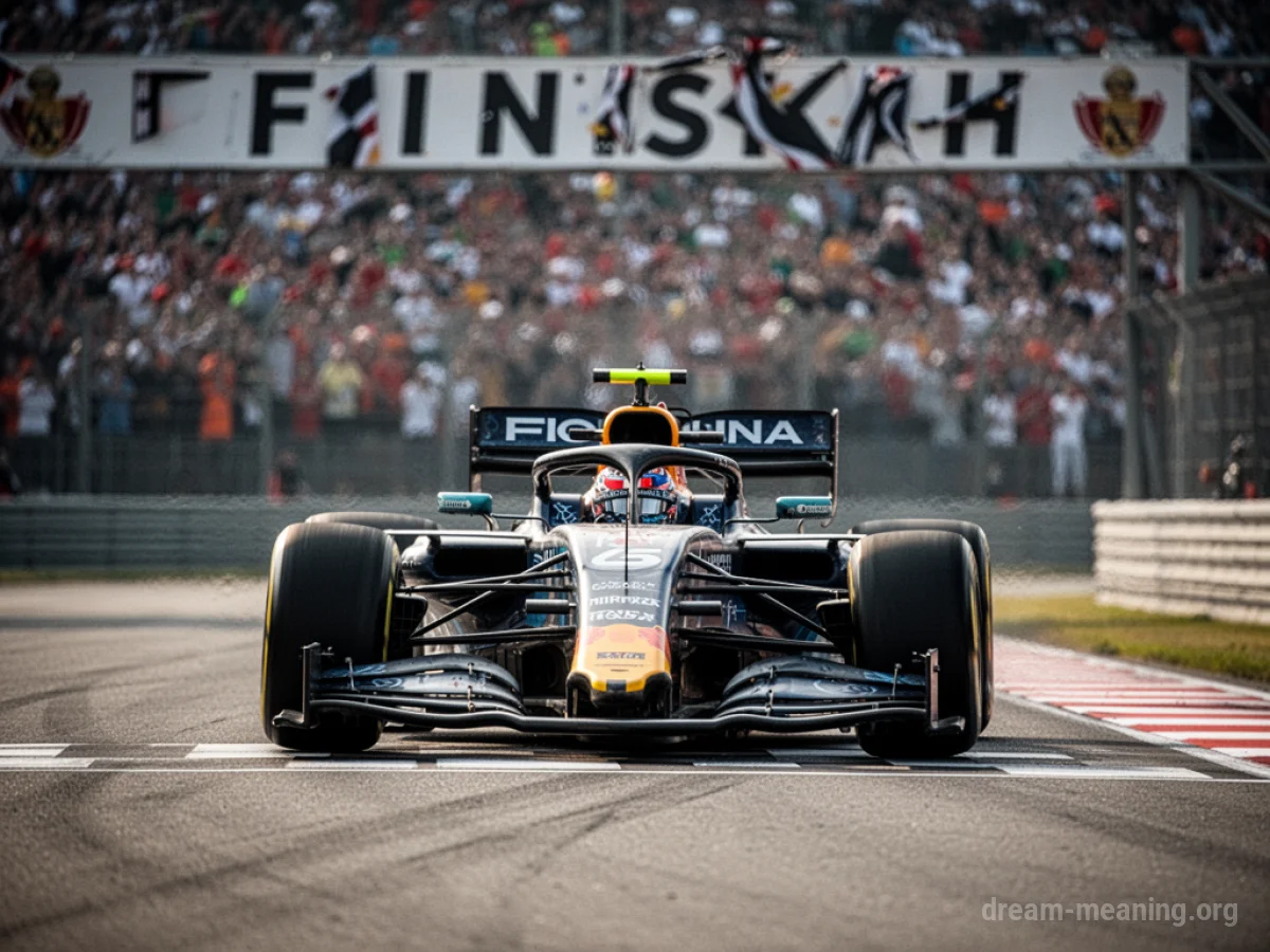 A race car speeding towards a finish line on a track.