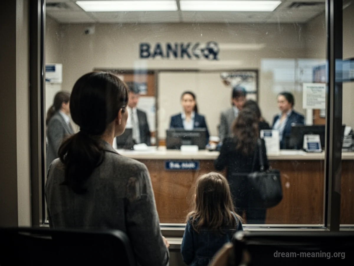 Silhouette of a person looking through a window at a shadowy bank interior.