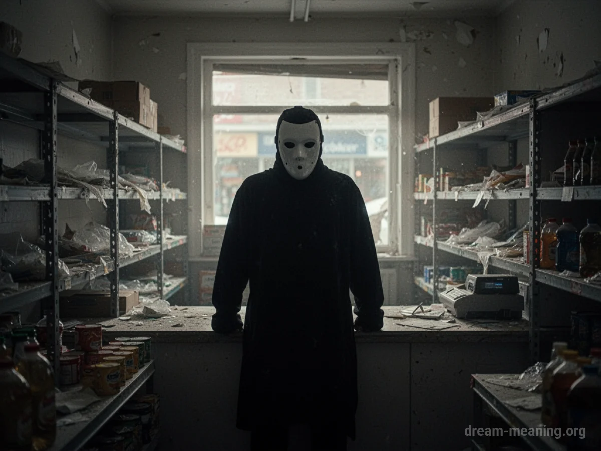 A person wearing a mask and dark clothing stands behind a store counter.