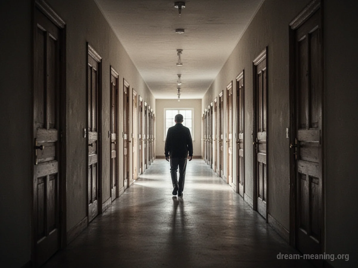 A person walking down a long, repeating hallway.