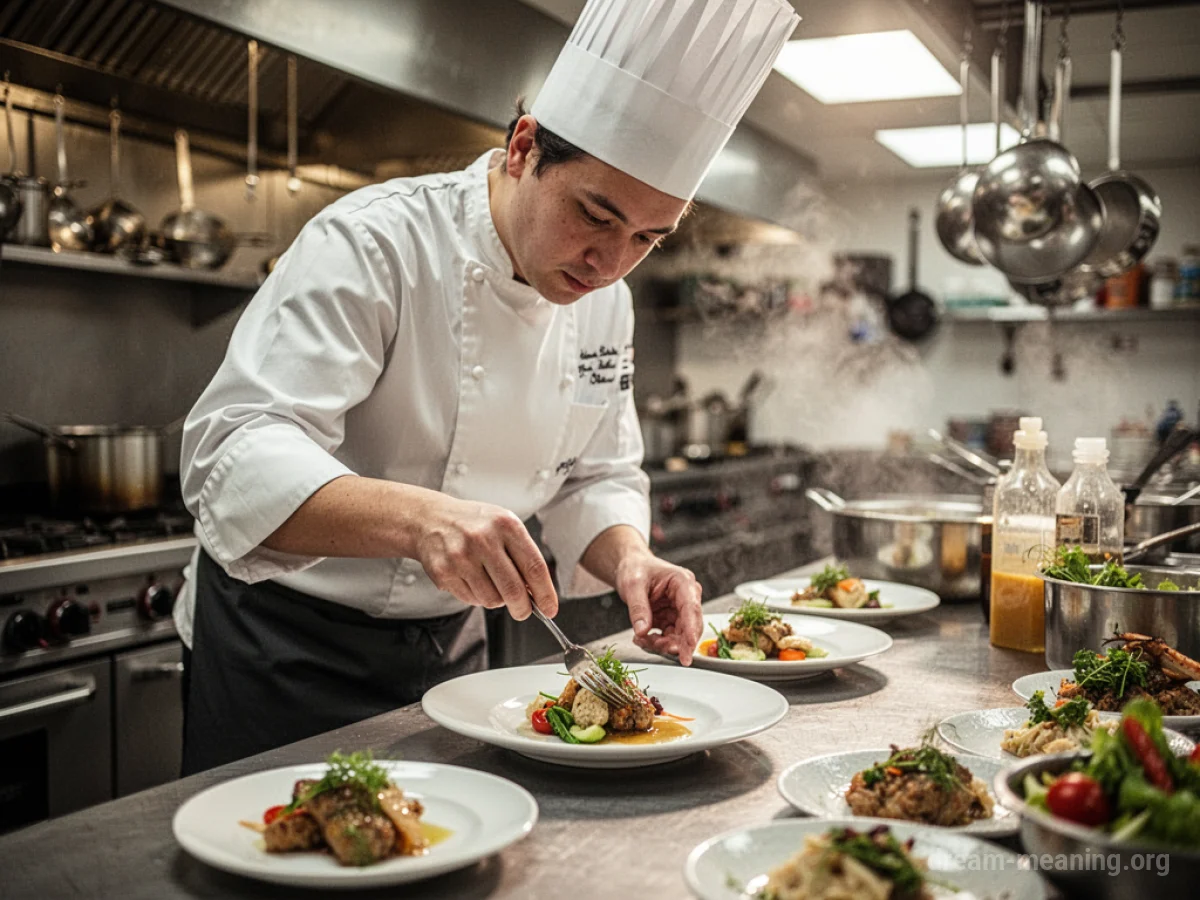 A chef plating food in a busy restaurant kitchen.