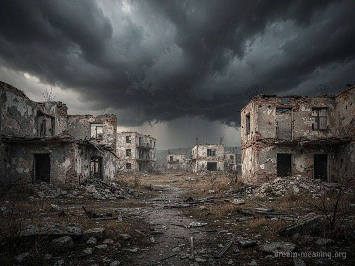 A city skyline with buildings in disrepair.