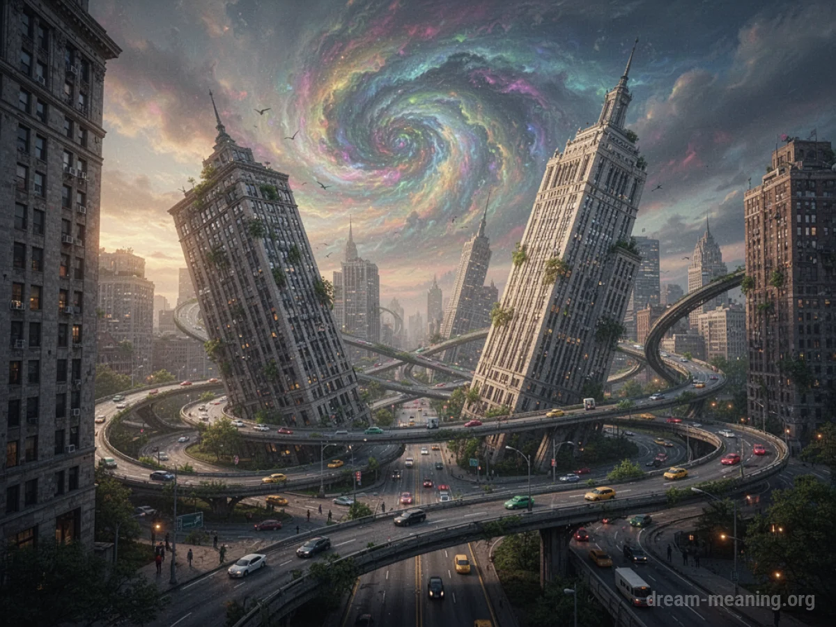 A city with distorted buildings and roads under a surreal sky.
