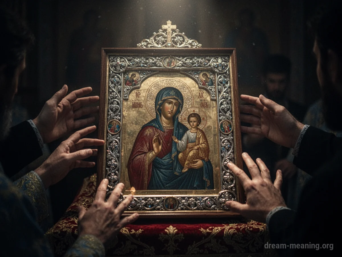 Hands reaching towards a glowing religious icon in darkness.