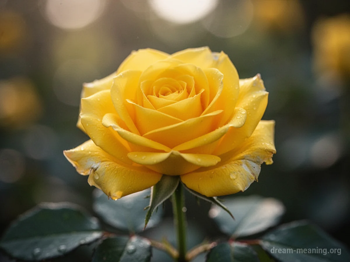 A close-up of a yellow rose with dew drops on its petals.