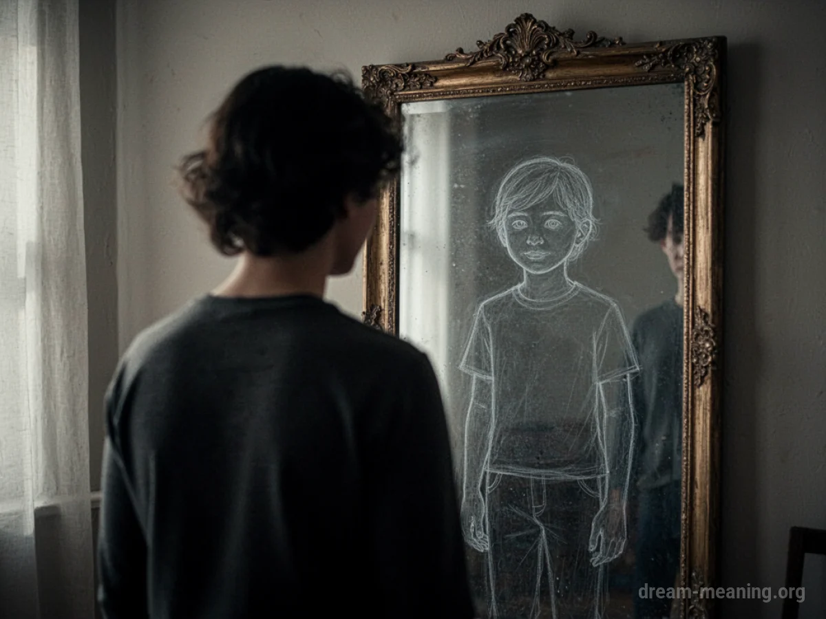 Silhouette of a person looking into a mirror showing a younger version of themselves.