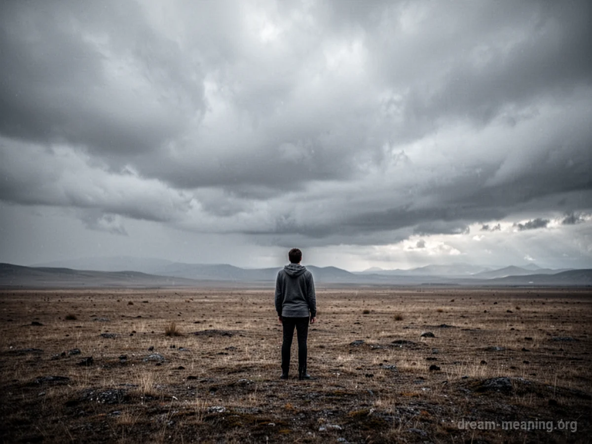 A lone figure in a desolate landscape beneath a dark, clouded sky.