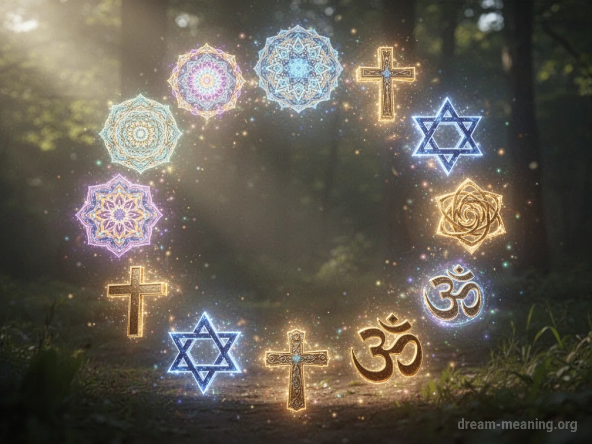 A circular arrangement of various spiritual symbols glowing softly.