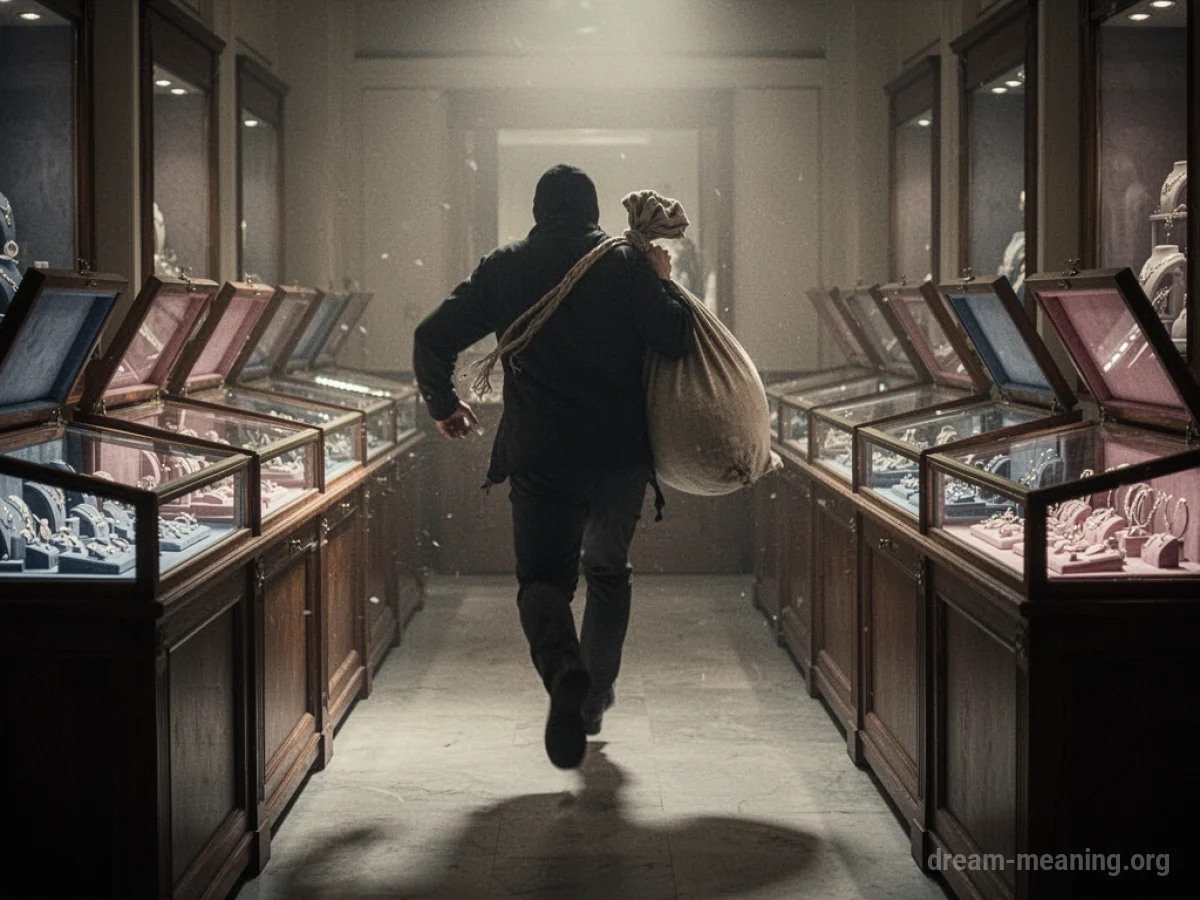A silhouette of a person running away from empty display cases.
