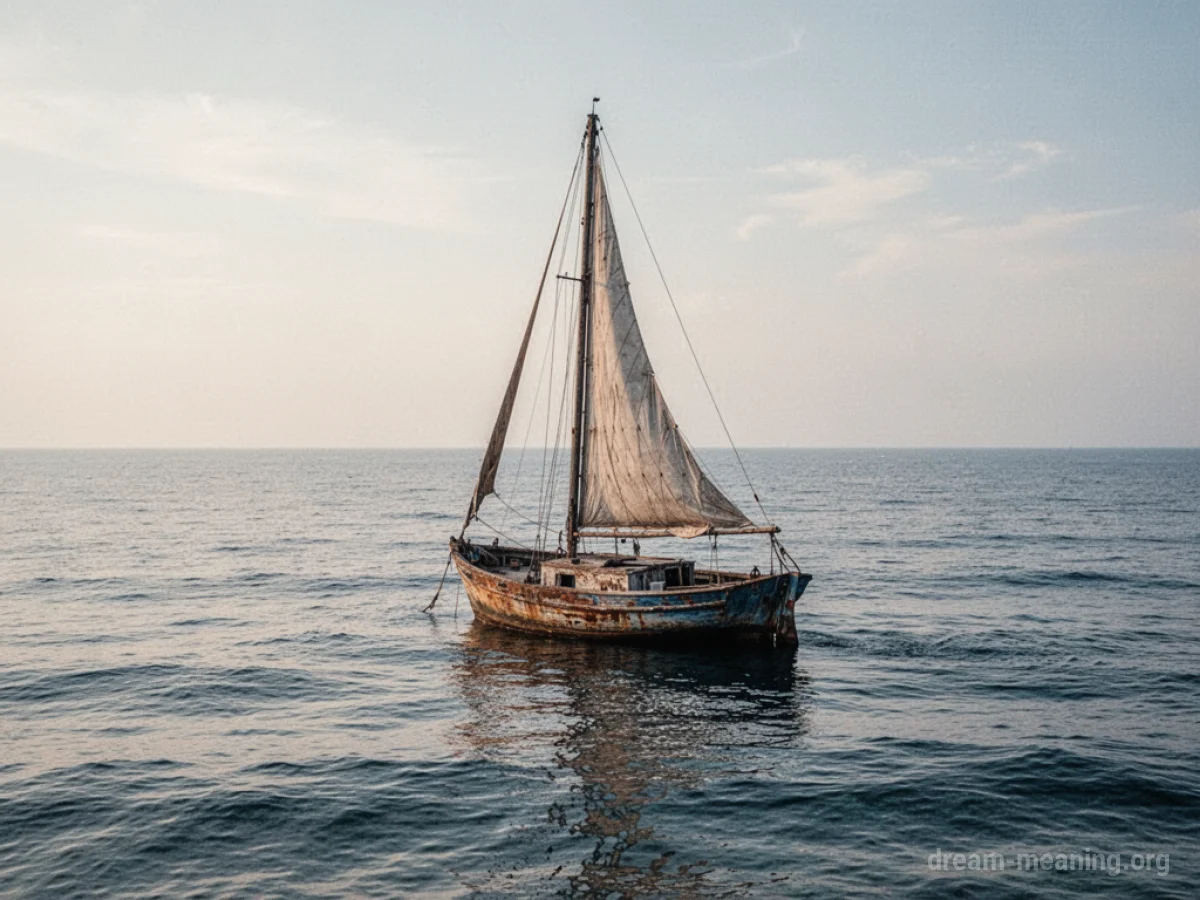 A solitary, decaying sailboat floating on the water.